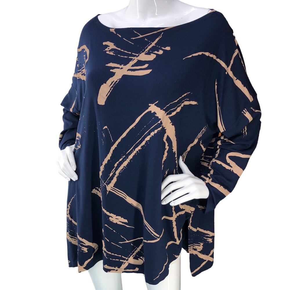 Kozan Womens Size S Tunic Top Abstract Boat Neck Long Sleeve Oversized Blue
